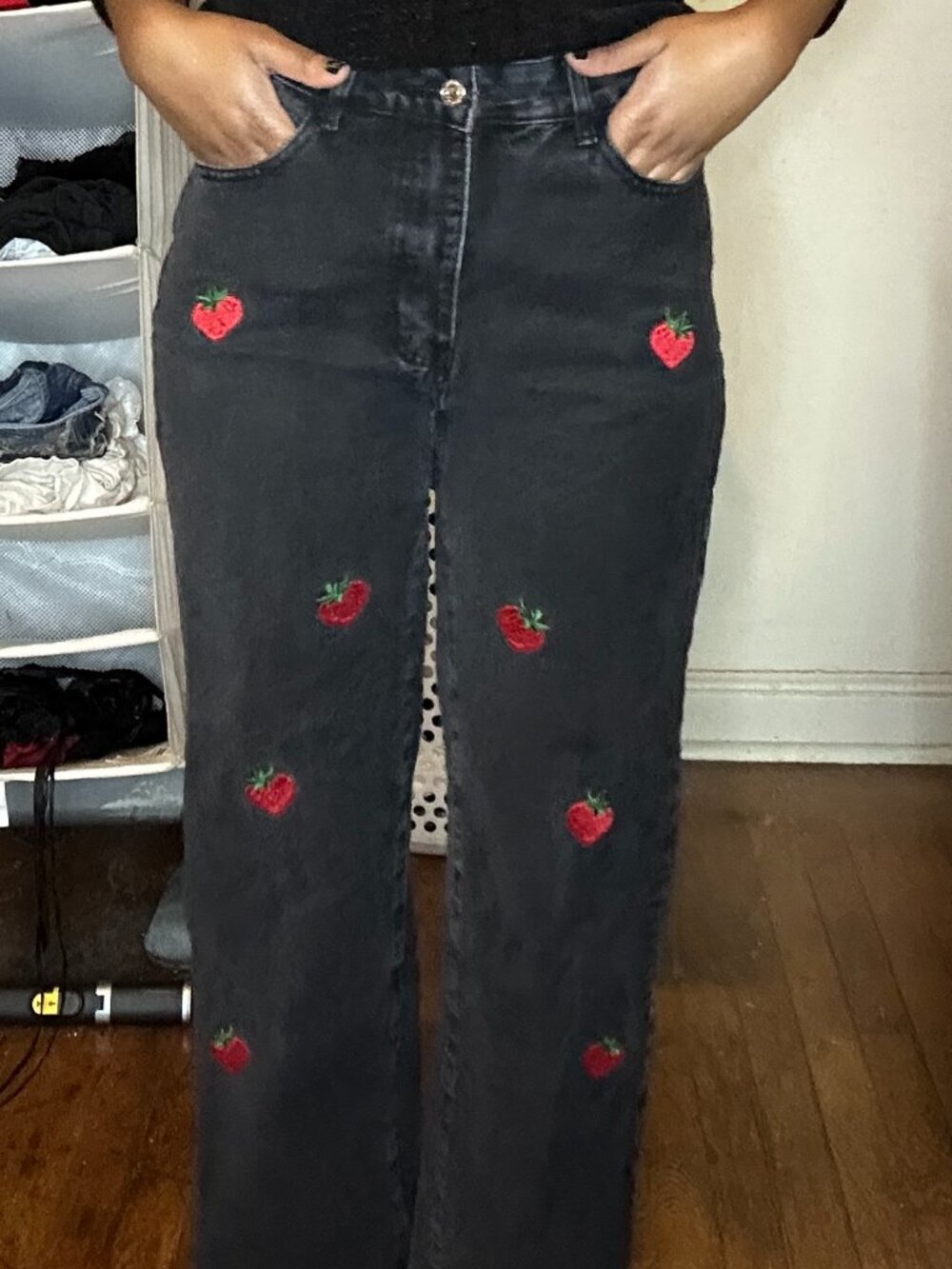 Black Wide Leg Jeans with Strawberry Embroidery